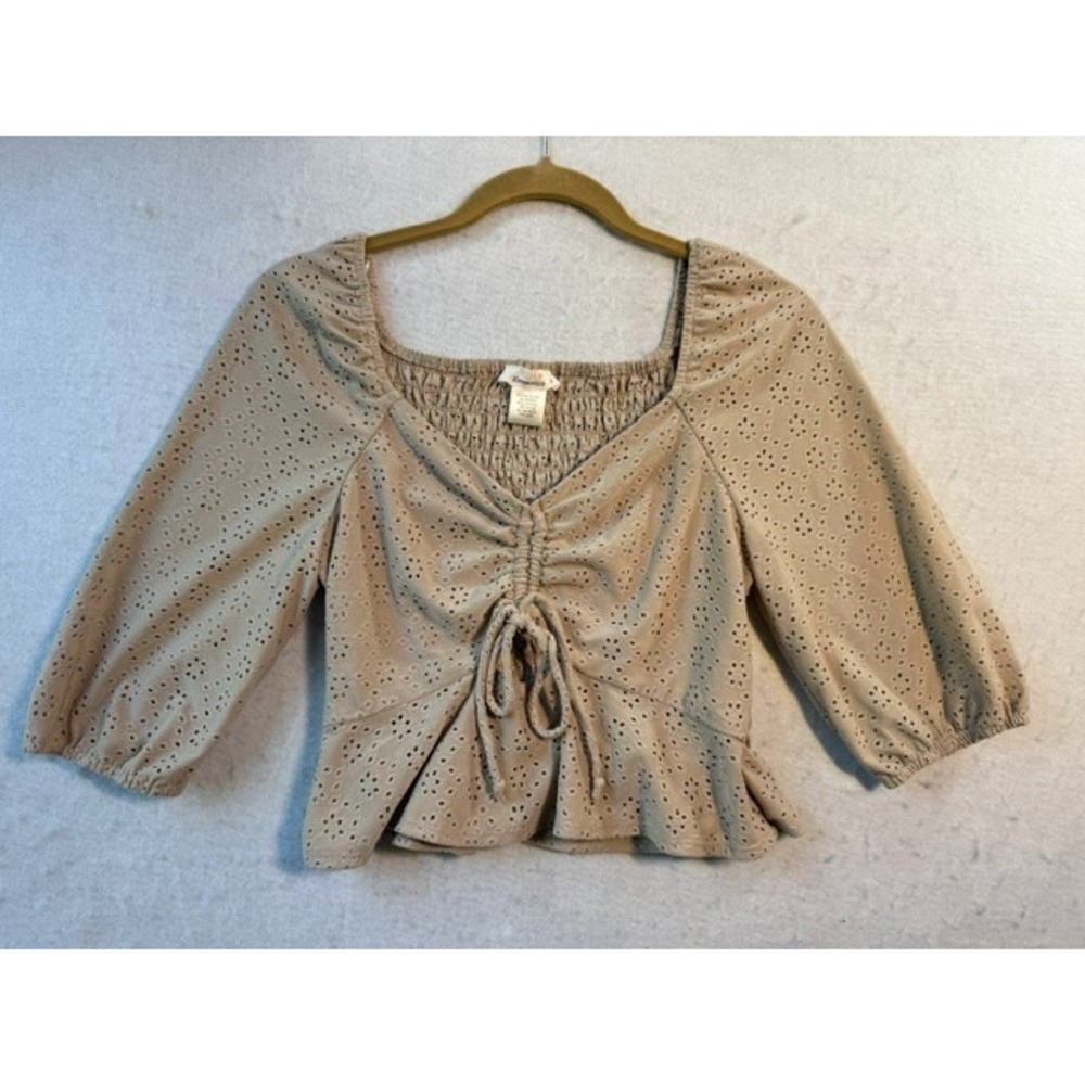 Urban Romantics 3/4‎ Sleeve Eyelet Crop Top Blouse MED Puff Sleeve Boho Smocked